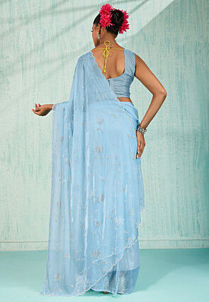 Embellished Organza Saree in Sky Blue