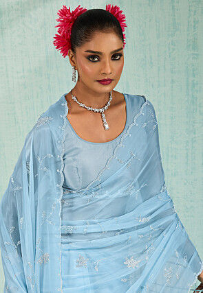 Embellished Organza Saree in Sky Blue