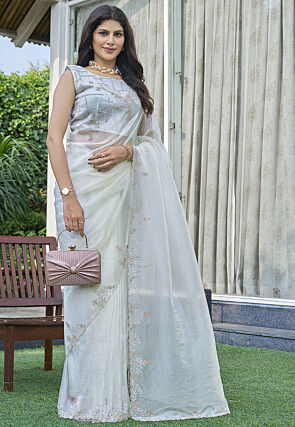 Embellished Organza Scalloped Saree in Off White