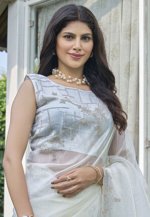 Embellished Organza Scalloped Saree in Off White