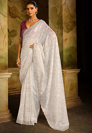 Embellished Organza Scalloped Saree in Off White
