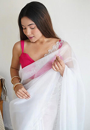 Embellished Organza Scalloped Saree in Off White