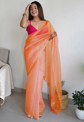 Pre-stitched Organza Scalloped Saree in Pink