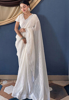 Embellished Organza Scalloped Saree in White