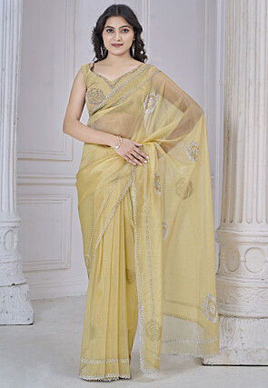 Embellished Organza Scalloped Saree in Yellow