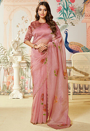 Embellished Organza Shimmer Saree in Pink