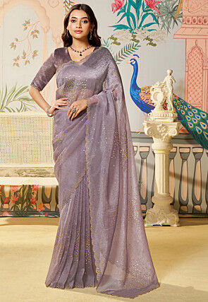 Embellished Organza Shimmer Scalloped Saree in Purple