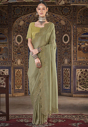 Embellished Organza Silk Scalloped Saree in Dusty Green