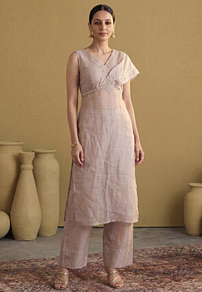 Embellished Organza Straight Kurta Set in Pink