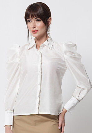 Embellished Placket Dupion Silk Top in Off White