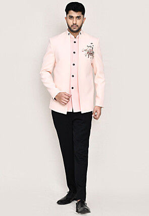Embellished Polyester Jodhpuri Suit in Peach