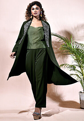 Embellished Polyester Top Set with Jacket in Olive Green