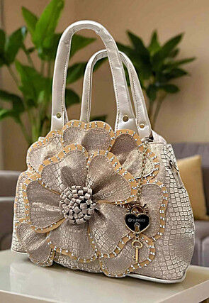 Embellished PU Hand Bag in Beige