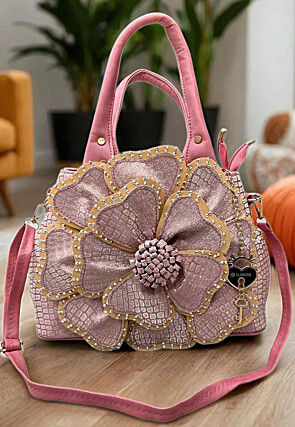 Embellished PU Hand Bag in Pink