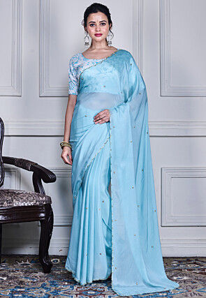 Embellished Pure Chiffon Scalloped Saree in Blue