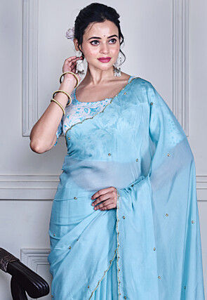 Embellished Pure Chiffon Scalloped Saree in Blue