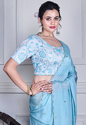 Embellished Pure Chiffon Scalloped Saree in Blue