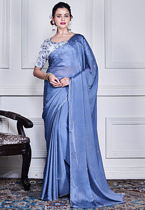 Embellished Pure Chiffon Scalloped Saree in Blue