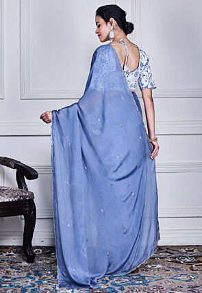 Embellished Pure Chiffon Scalloped Saree in Blue