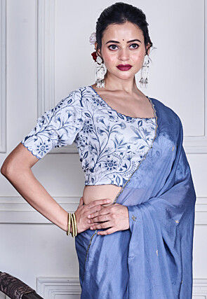 Embellished Pure Chiffon Scalloped Saree in Blue