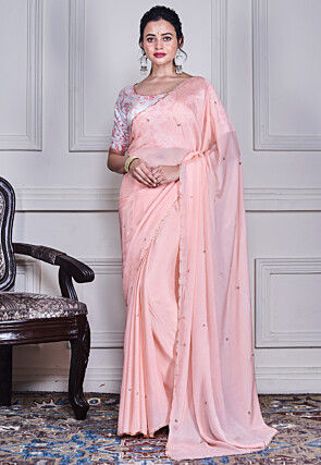 Embellished Pure Chiffon Scalloped Saree in Light Peach