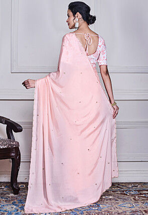 Embellished Pure Chiffon Scalloped Saree in Light Peach