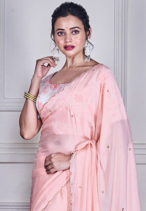 Embellished Pure Chiffon Scalloped Saree in Light Peach