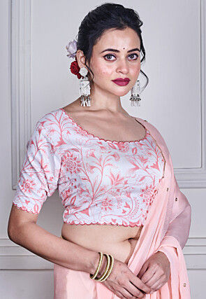 Embellished Pure Chiffon Scalloped Saree in Light Peach