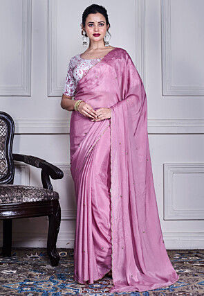 Embellished Pure Chiffon Scalloped Saree in Purple