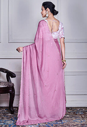 Embellished Pure Chiffon Scalloped Saree in Purple