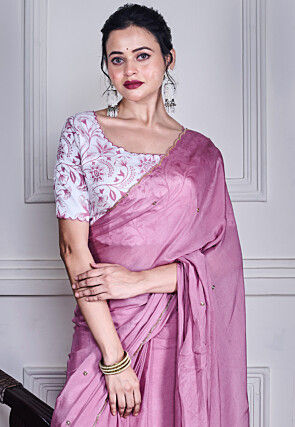 Embellished Pure Chiffon Scalloped Saree in Purple