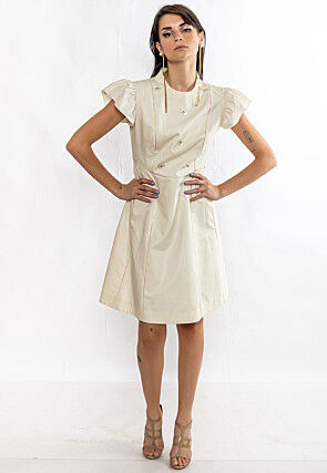 Embellished Pure Cotton Aline Dress in Off White