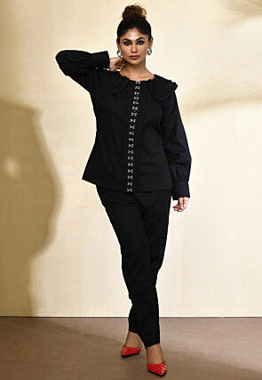 Embellished Pure Cotton Co Ord Set in Black
