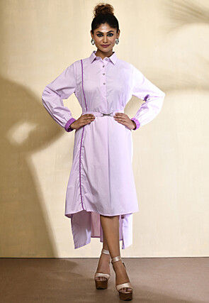 Embellished Pure Cotton High Low Dress in Light Purple