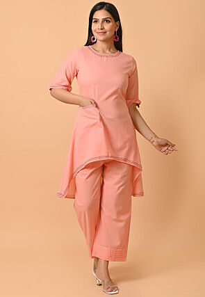 Embellished Pure Cotton High Low Kurta Set in Peach