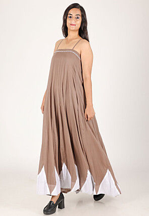 Embellished Pure Cotton Maxi Dress in Light Brown