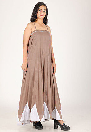 Embellished Pure Cotton Maxi Dress in Light Brown