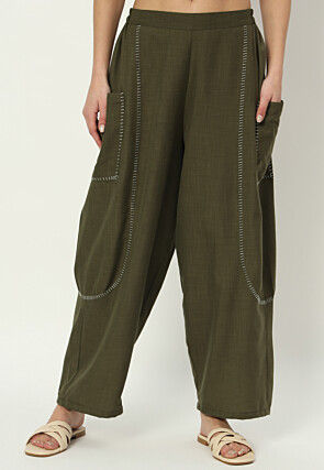 Embellished Pure Cotton Pant in Dark Olive Green