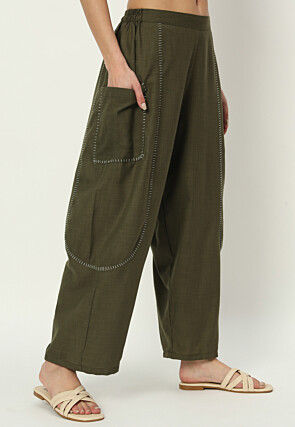Embellished Pure Cotton Pant in Dark Olive Green