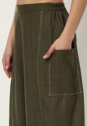 Embellished Pure Cotton Pant in Dark Olive Green