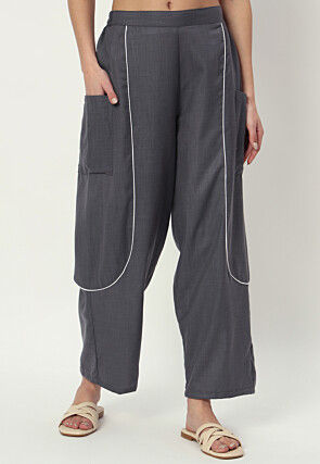 Embellished Pure Cotton Pant in Grey