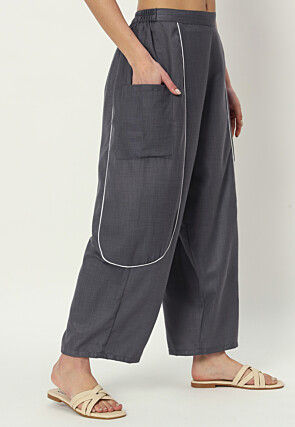 Embellished Pure Cotton Pant in Grey