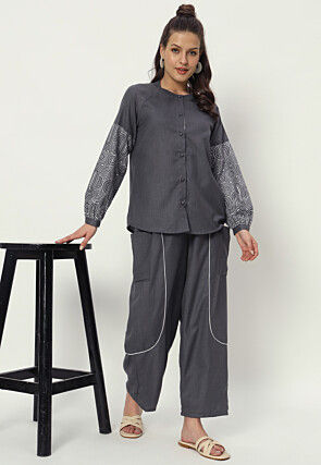 Embellished Pure Cotton Pant in Grey