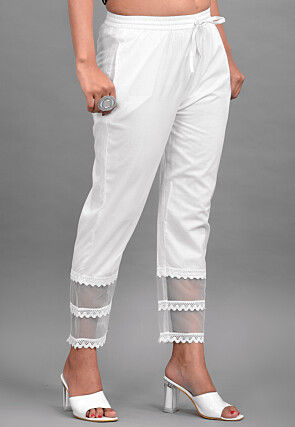 Embellished Pure Cotton Pant in White