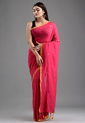 Embellished Pure Cotton Saree in Pink