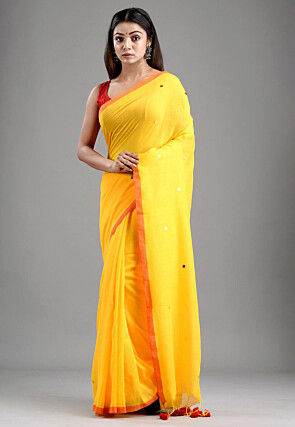 Embellished Pure Cotton Saree in Yellow