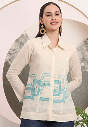Embellished Pure Cotton Shirt in Cream