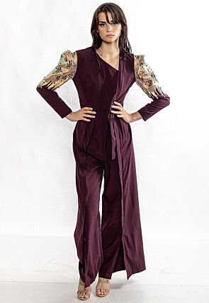 Embellished Pure Crepe Jumpsuit in Wine