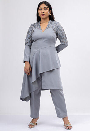 Embellished Pure Crepe Tunic Set in Light Grey