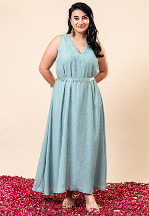 Embellished Pure Georgette Crush Maxi Dress in Blue